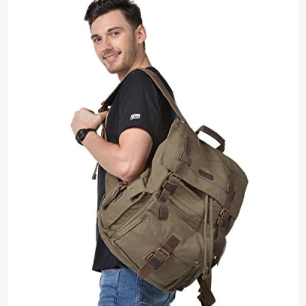 Kattee Army Green Canvas/ Leather Backpack